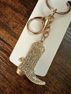 Mint Gold Rhinestone Cowboy Boot Keychain Charm